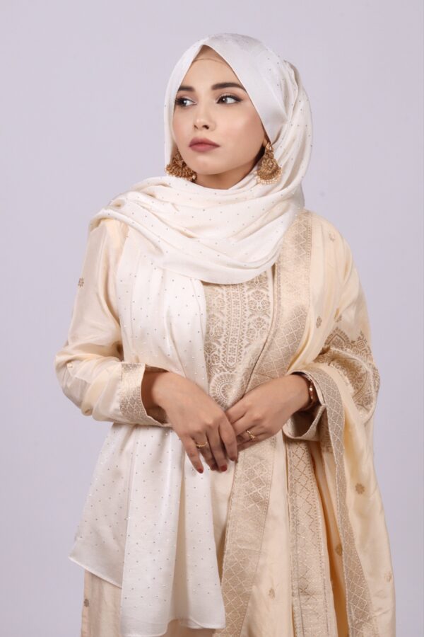 Cream Gold Rhinestone Silk Hijab
