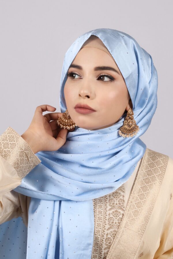 Light Blue Rhinestone Silk Hijab